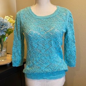 LC Lauren Conrad Turquoise Crochet Bow Back Sweater